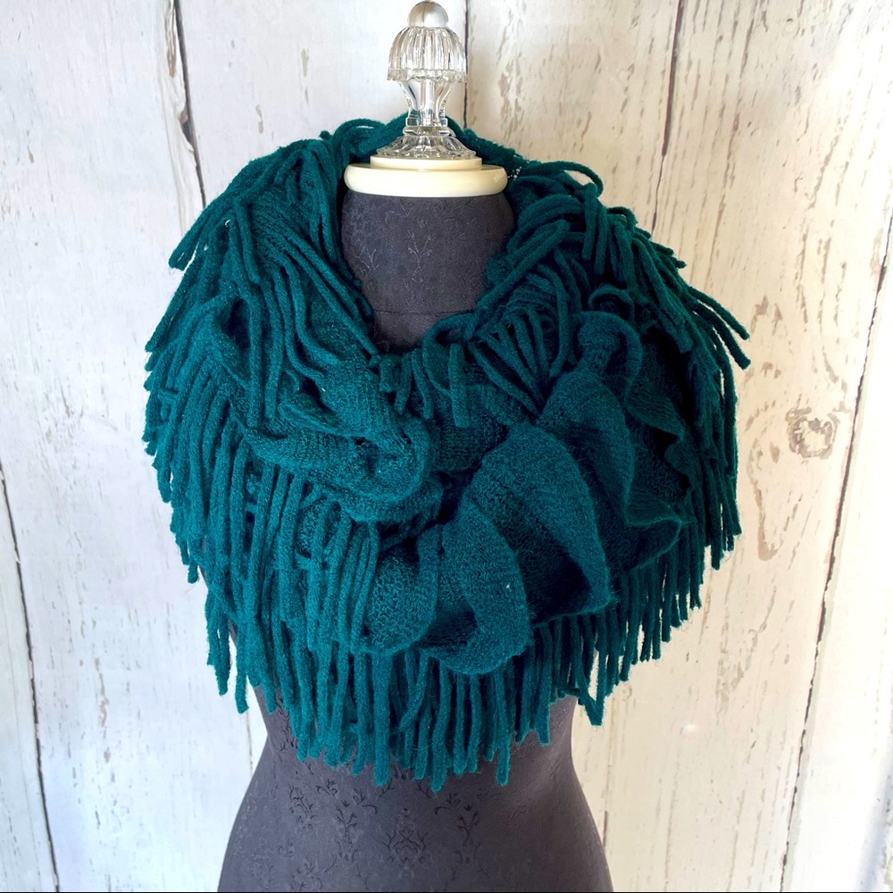 Emerald green infinity scarf with fringe